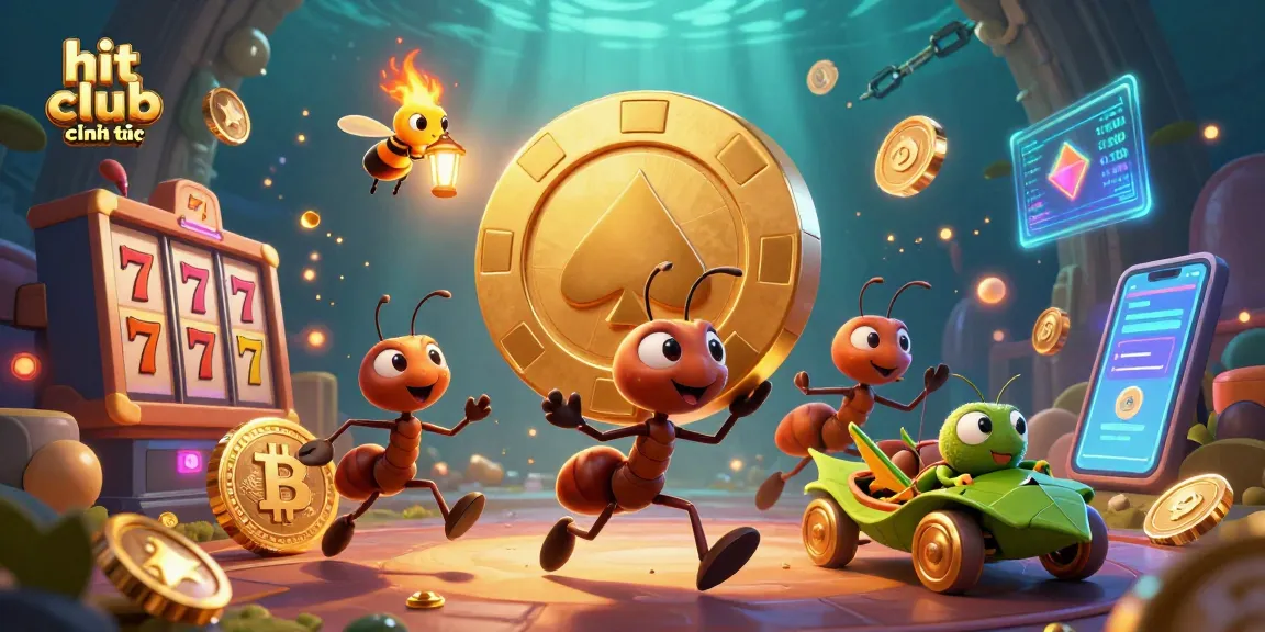 Experience the thrill at hit club chính thức with ants heisting a giant poker chip in a vibrant scene.