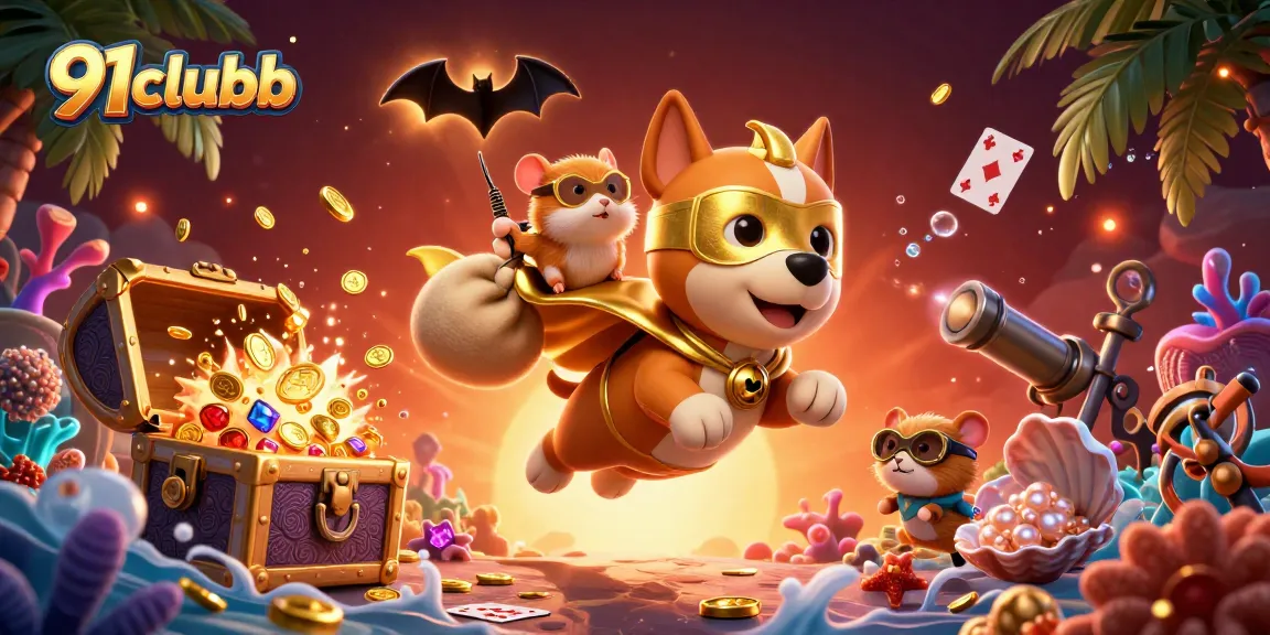 Engage with 91clubb as a superhero dog flies through colorful casino elements in an exciting underwater scene