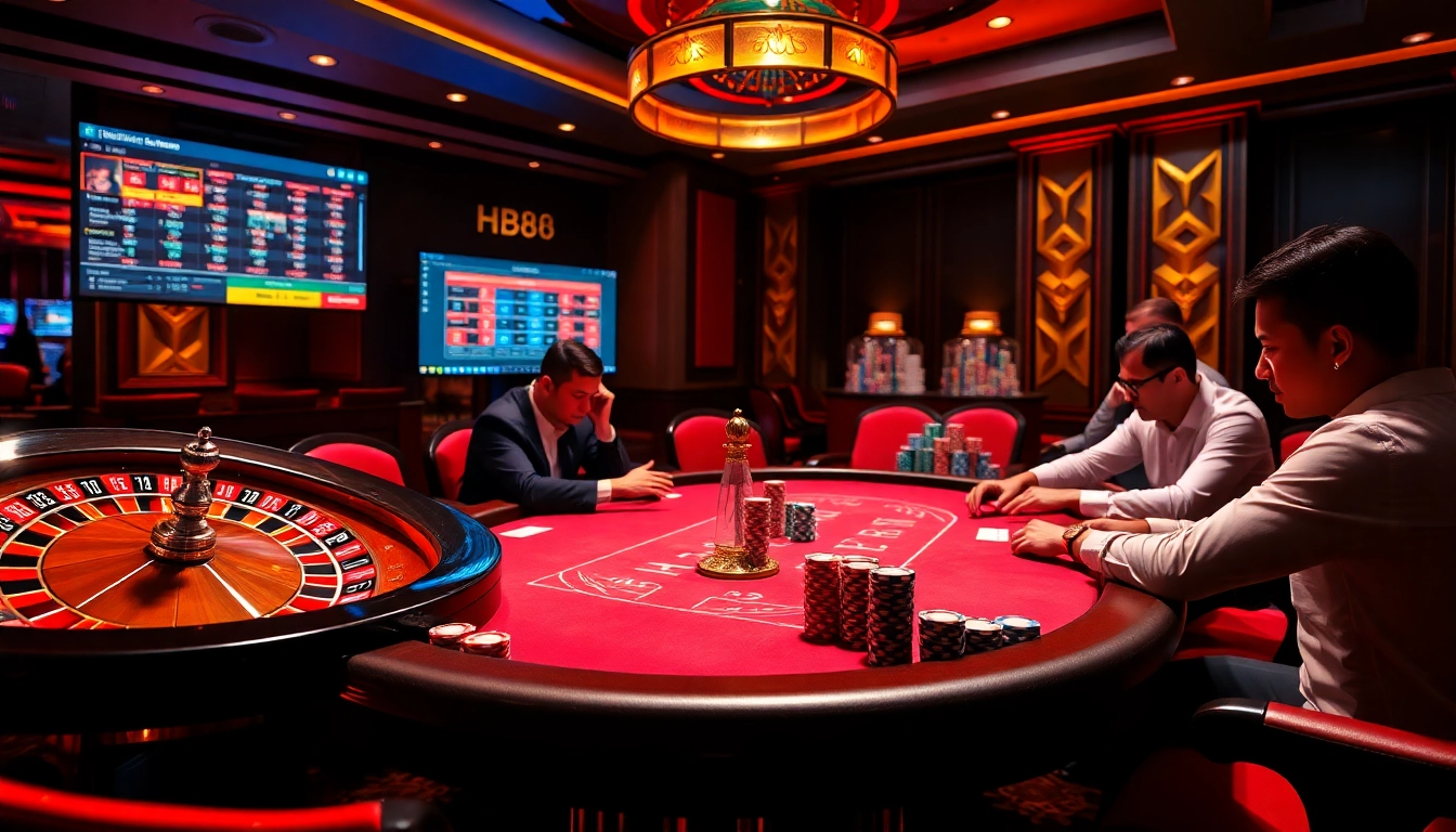 Players engaging at an HB88 poker table, showcasing vibrant chips and a roulette wheel.
