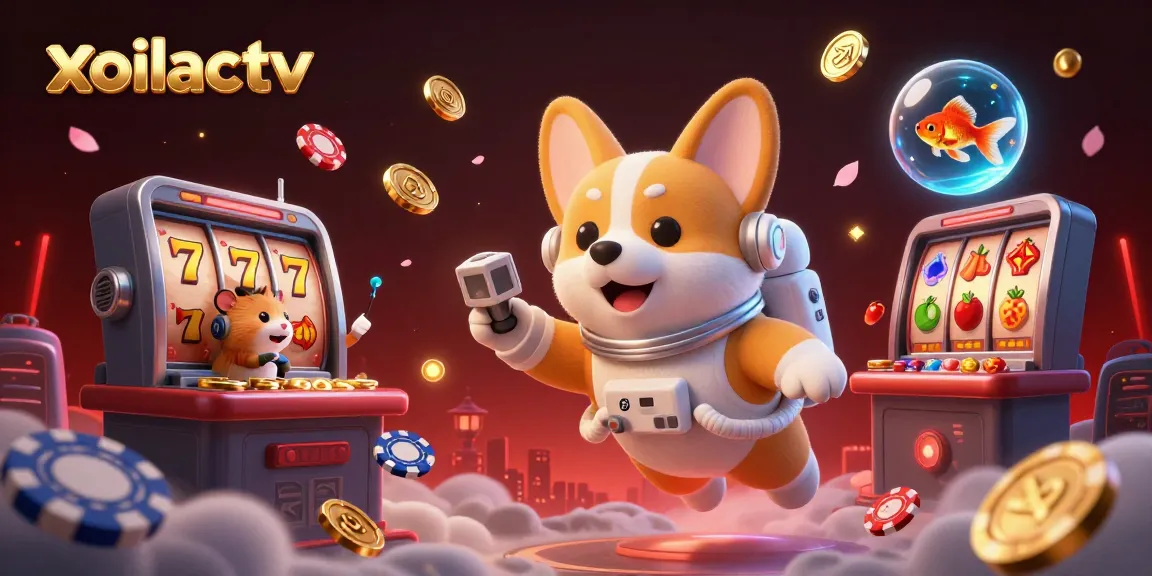 Xoilactv brings thrilling experiences with a playful gambling scene featuring floating slots and animated characters.