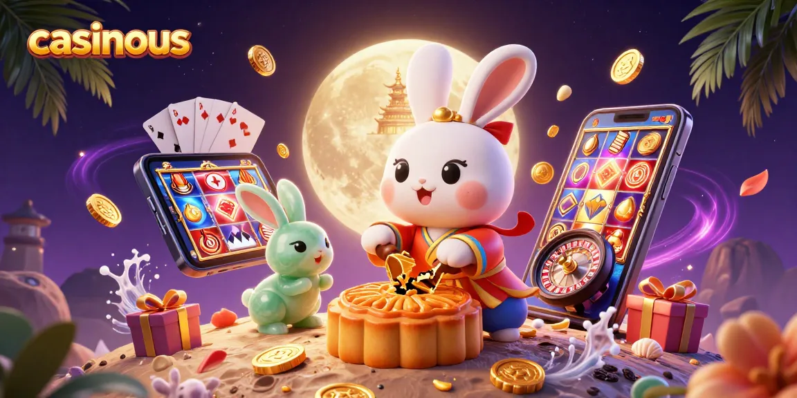 Experience the fun of gaming at casinous with a dynamic illustration featuring a moon rabbit collecting poker chips.