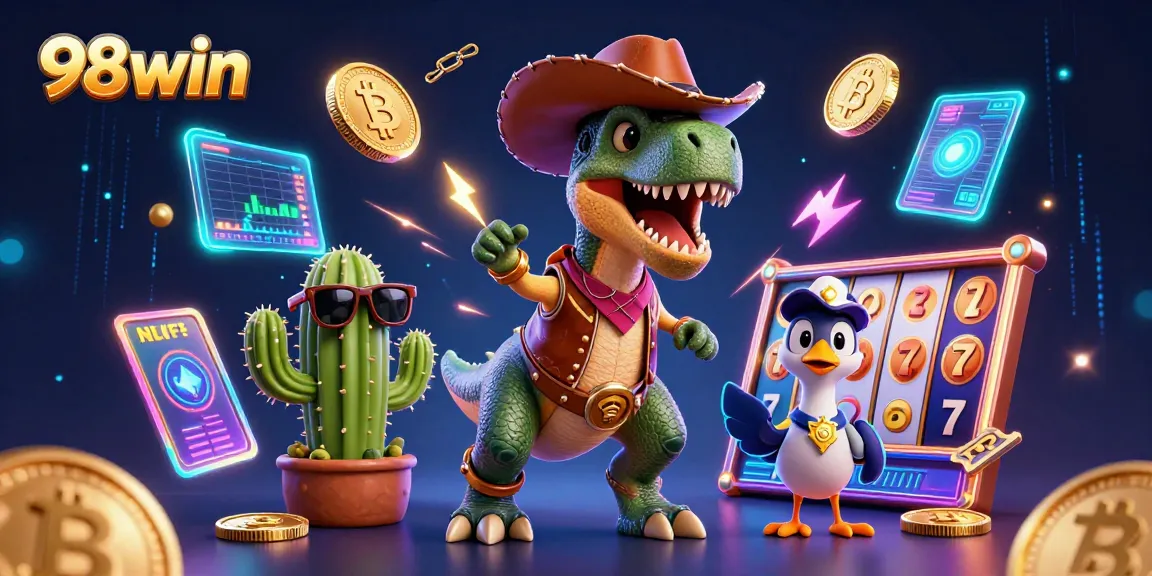 Spin your luck with 98win as the T-Rex cowboy and friends celebrate big wins!