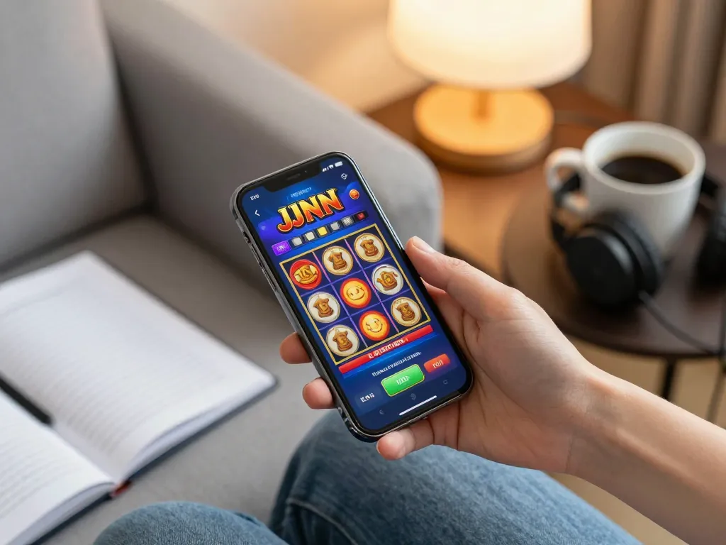 Engaging player enjoying JJNN Slots on a smartphone in a cozy home setting, emphasizing responsible gaming.