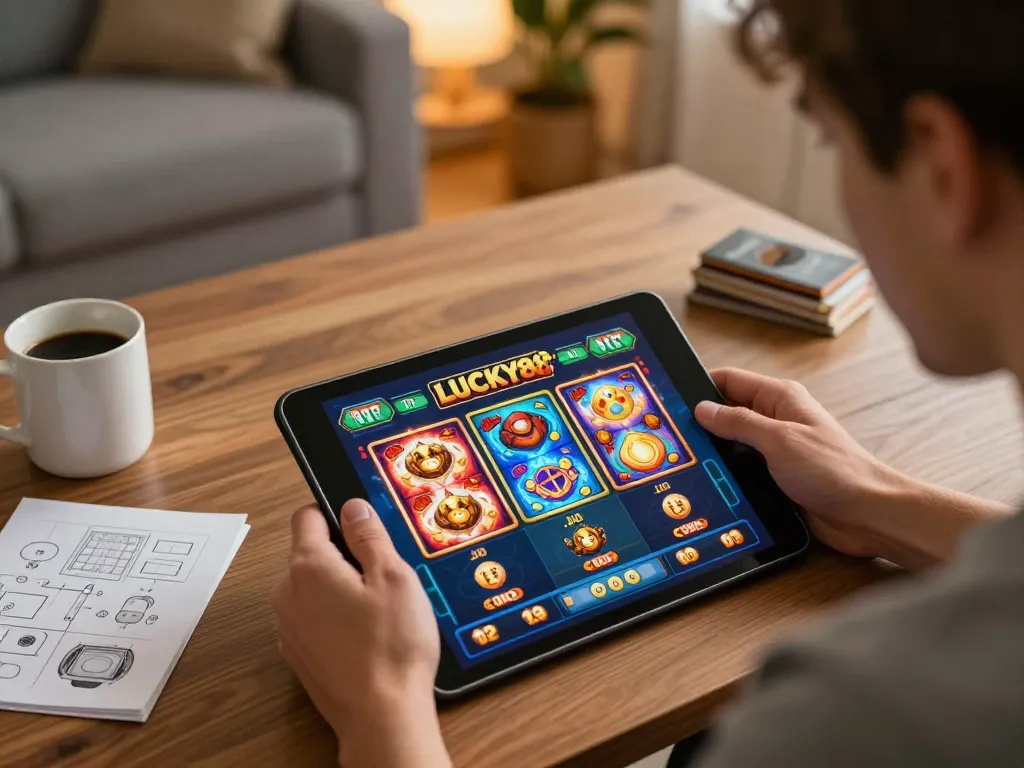 Engaging player using LUCKY88 app for online slot gaming in a cozy home setting.