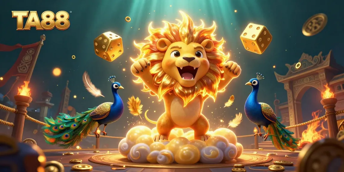 Engage in action at TA88 with a roaring lion and golden dice amidst a vibrant casino scene.