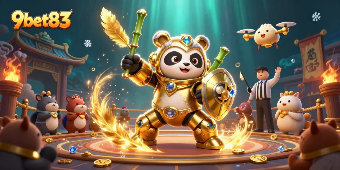 Engage in thrilling action at 9bet83 with a whimsical 3D casino battle scene featuring a mech-suit panda.