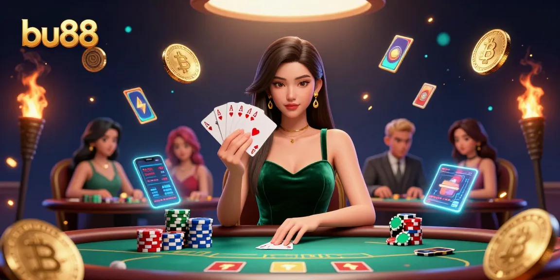 Experience exciting games at bu88, with an Asian woman showcasing poker skills amid vibrant digital elements.