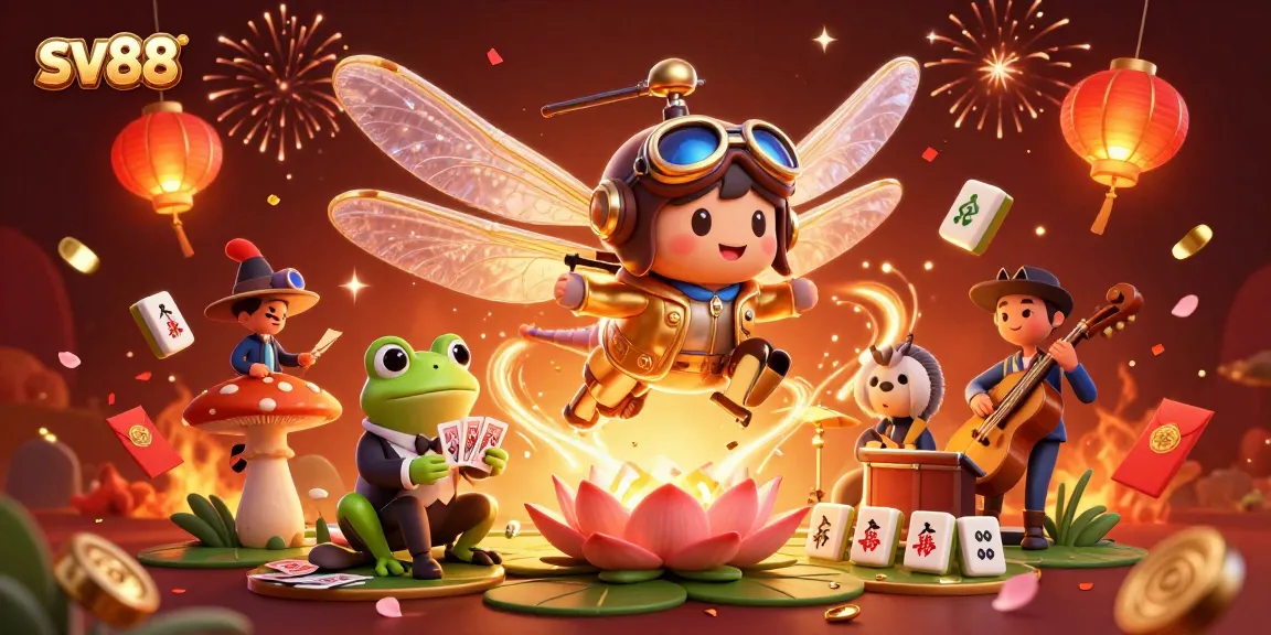 Splash into the thrill of sv88 with vibrant casino action featuring a dragonfly pilot and jazzy frog croupier.