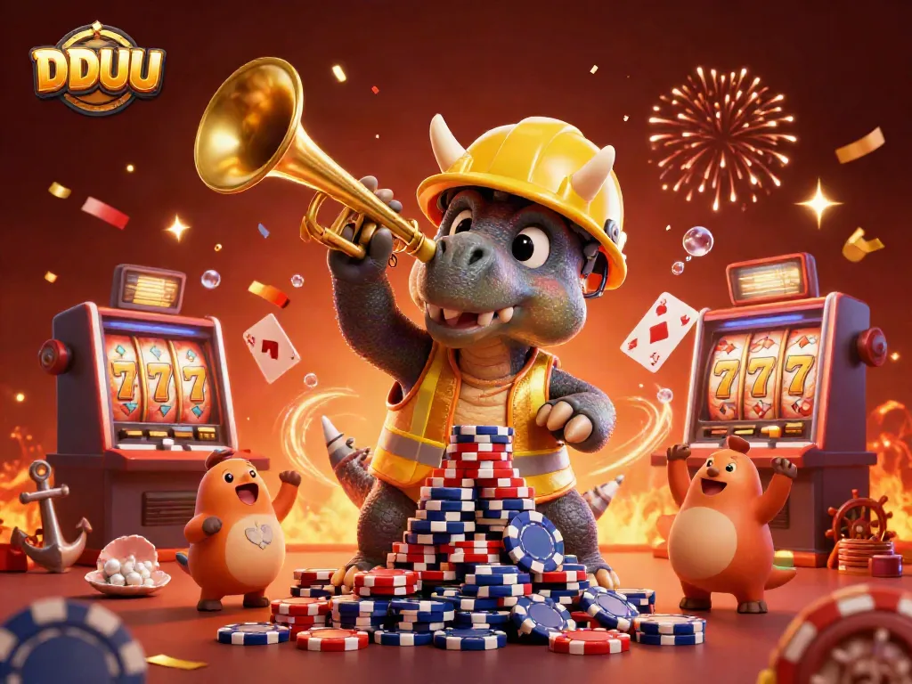 Join DDUU in this vibrant casino-themed celebration with lively characters and sparkling game elements.