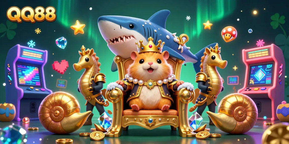 Experience thrilling gaming at QQ88 with a fierce golden hamster king in a vibrant casino world.