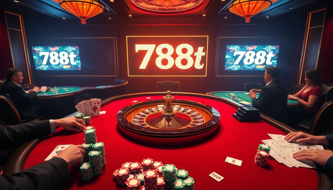 Players enjoy a thrilling game at 788t's luxurious casino table, featuring roulette and poker.