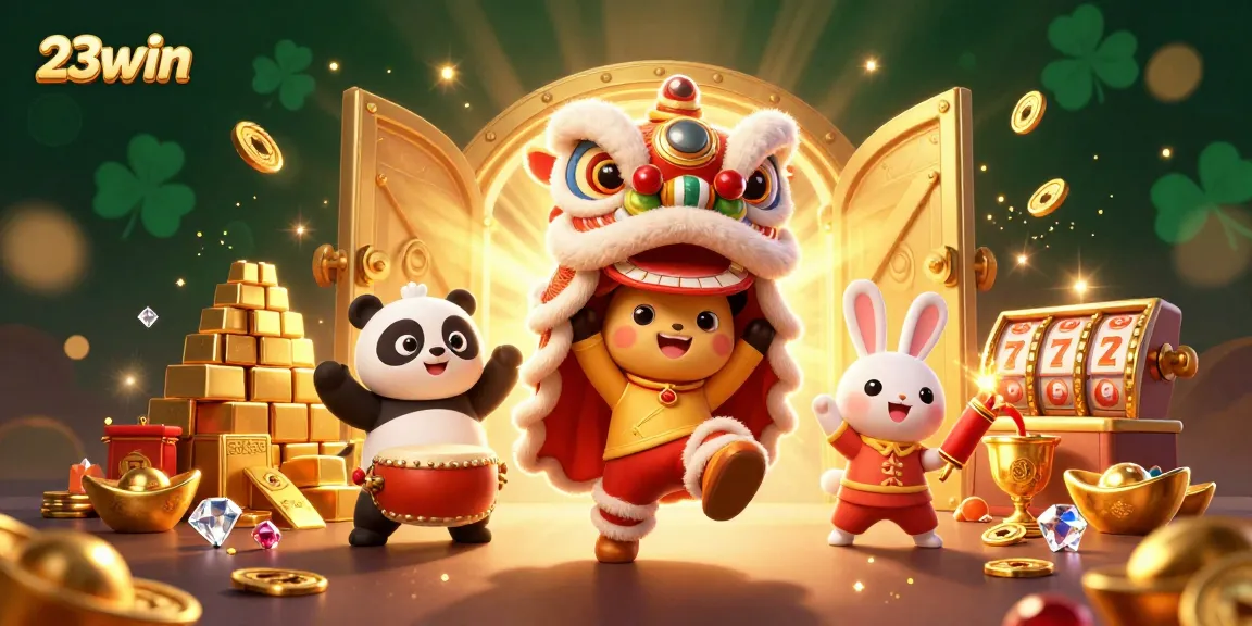 Experience the exciting world of 23win with a vibrant 3D illustration of lively games and rich treasures.
