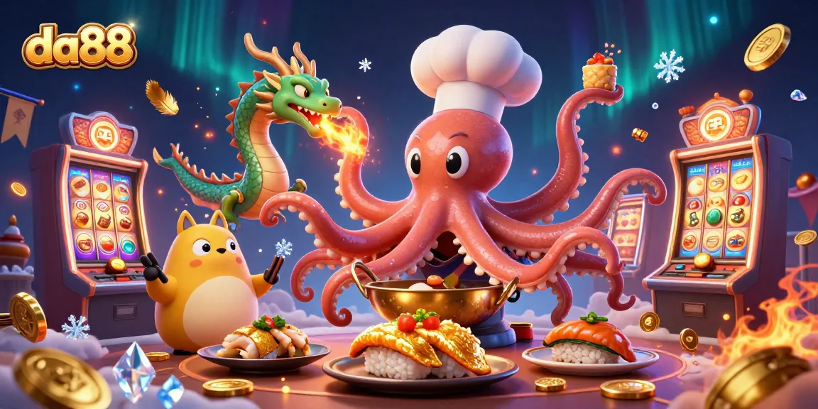 Experience the excitement of da88 with whimsical casino and adventure elements featuring a sushi chef and dragon.