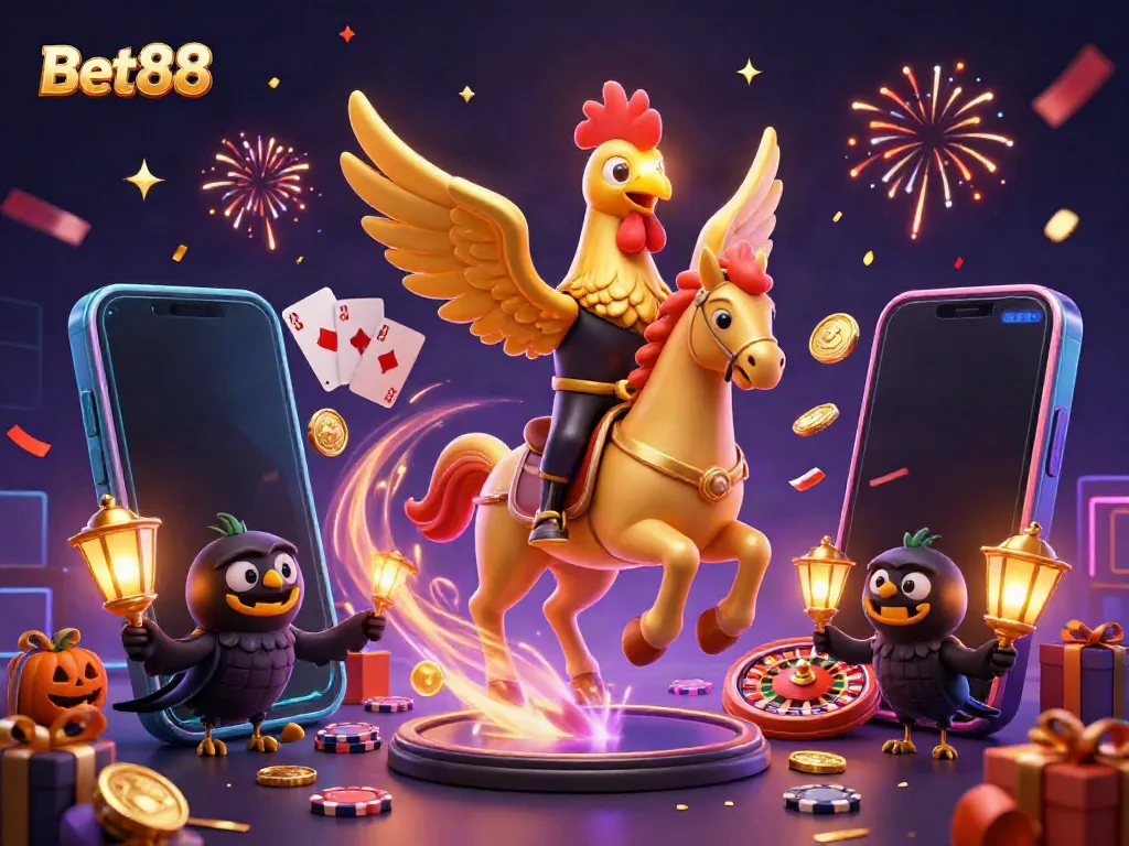 Experience thrilling gaming at Bet88 with a golden rooster and spectral horse in an exciting casino scene.