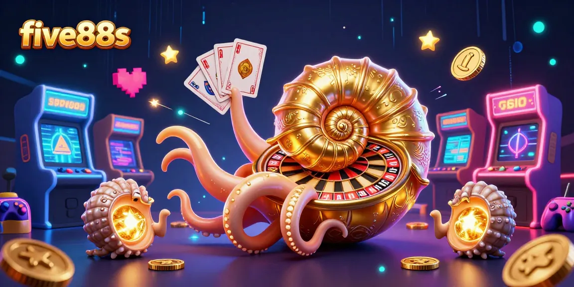 Engage with five88s' vibrant casino experience featuring a giant nautilus roulette wheel adorned with glowing ammonite companions.