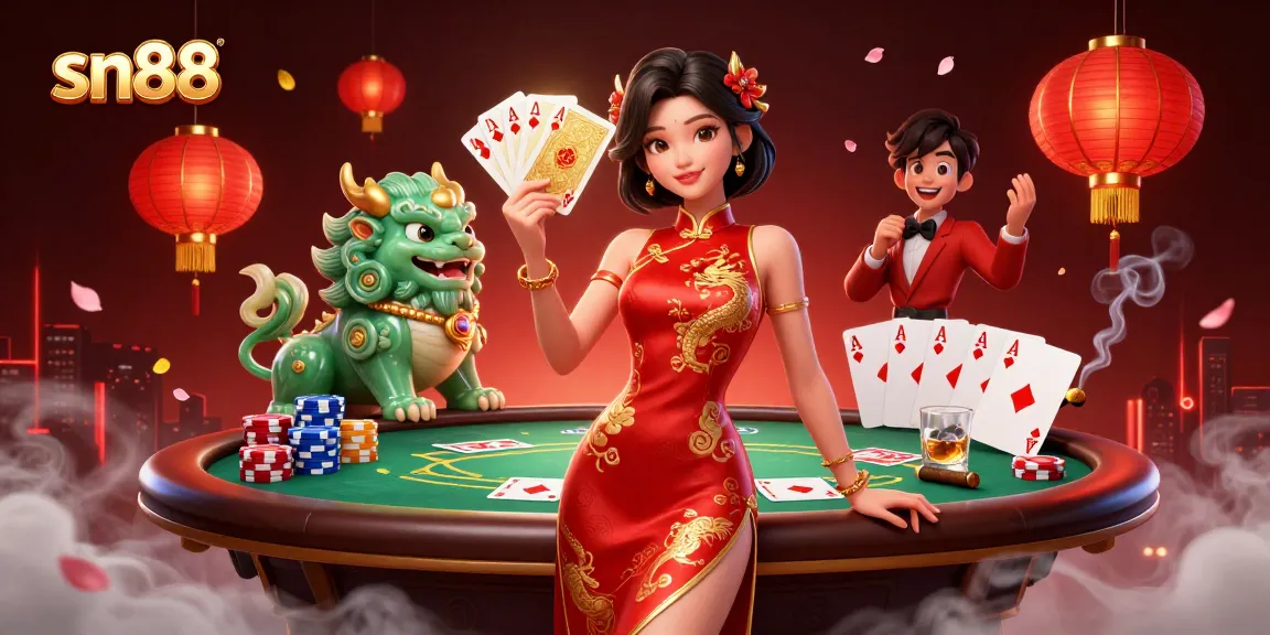 Experience the thrill of sn88 with a vibrant poker scene featuring an elegant woman and jade guardian.