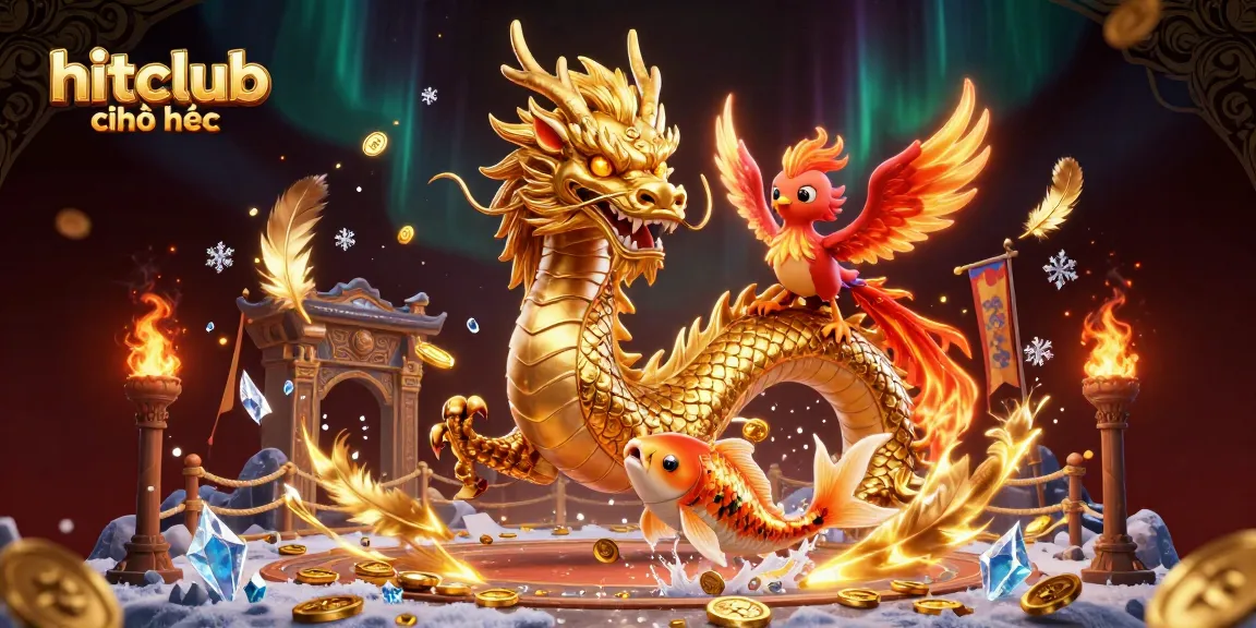 Experience the vibrant action of hitclub chính thức with golden dragon and phoenix amidst a bustling casino scene.