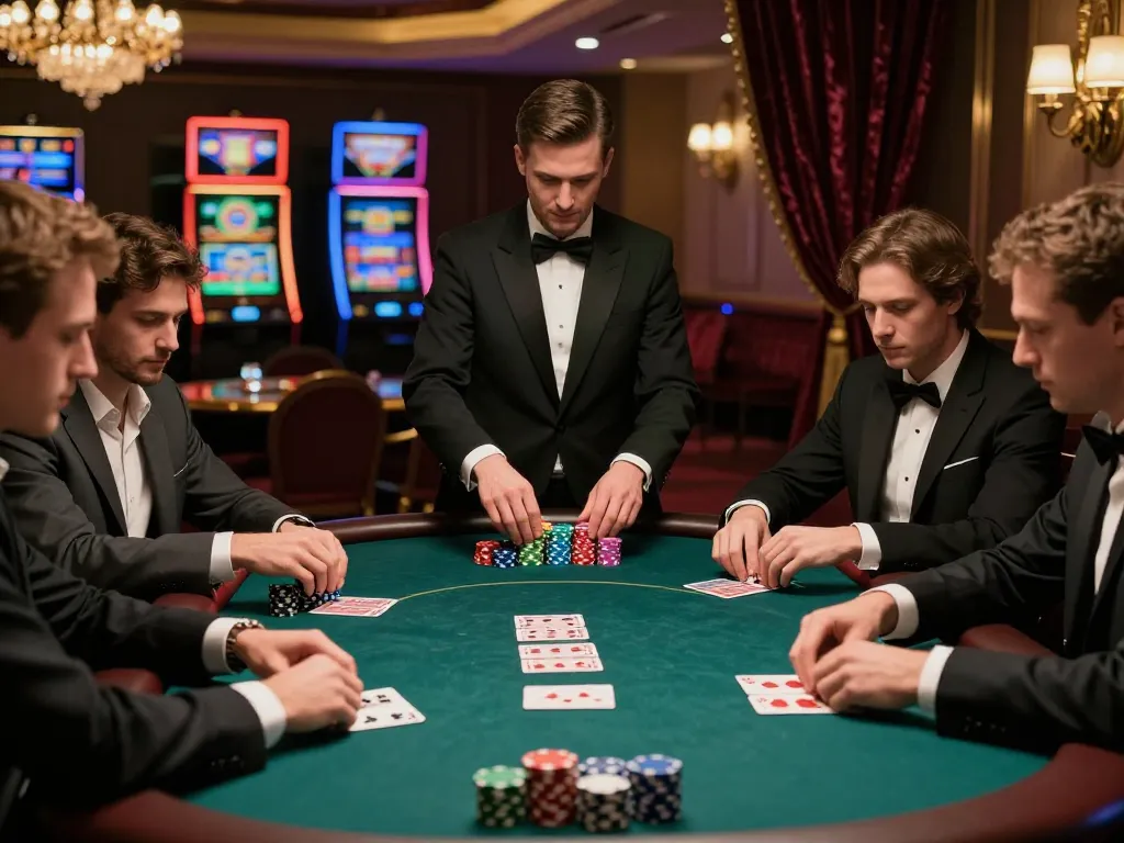 27G players strategizing during an intense poker game in a luxurious casino environment.