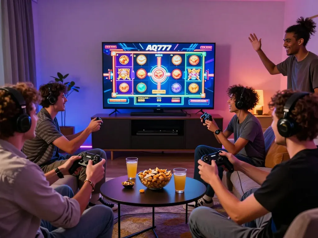 Exciting group playing games on AQ777 platform in vibrant setting.