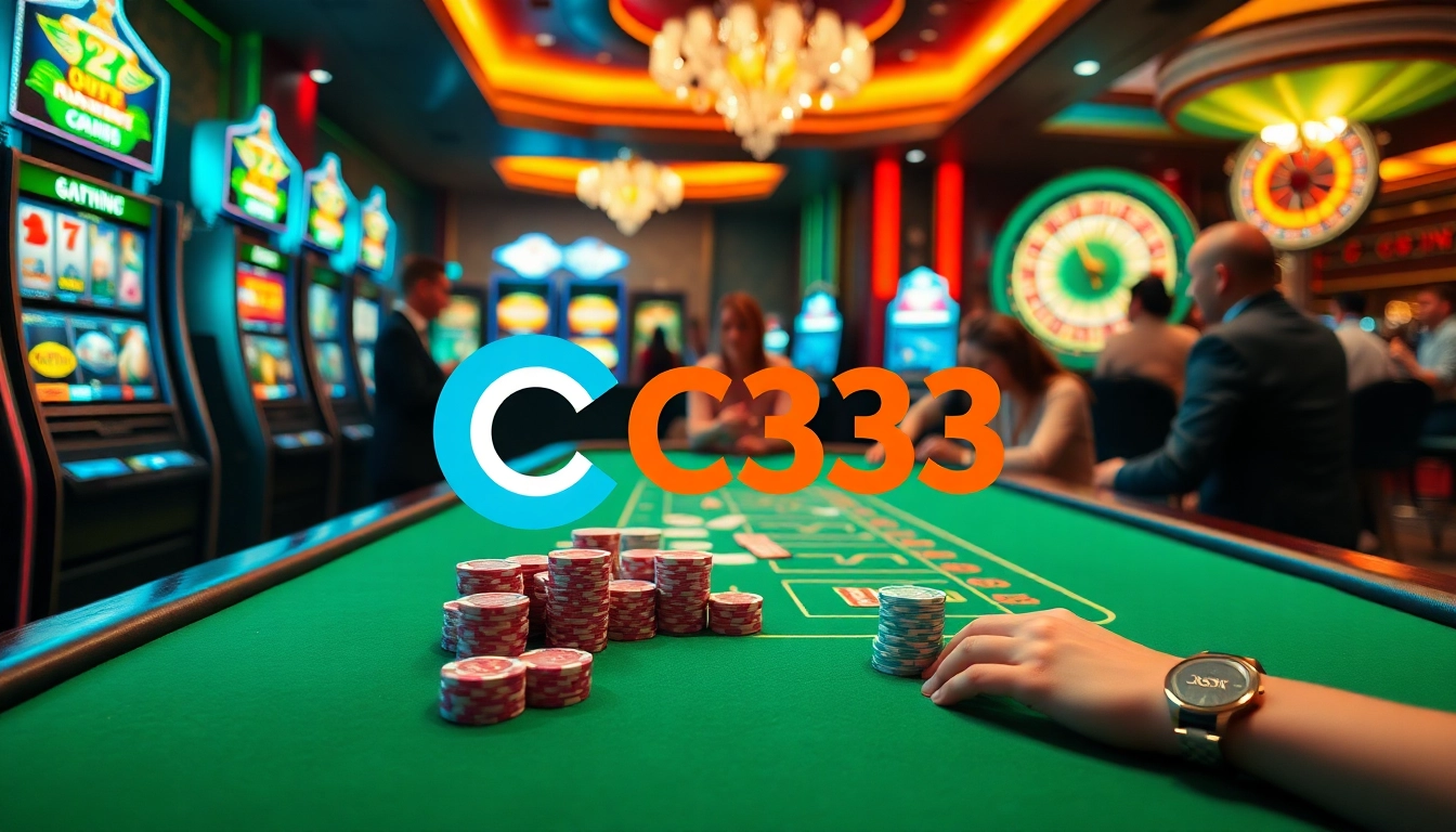 Jogadores aproveitando os jogos no cassino C333, com mesas vibrantes, fichas de pôquer e uma roleta.