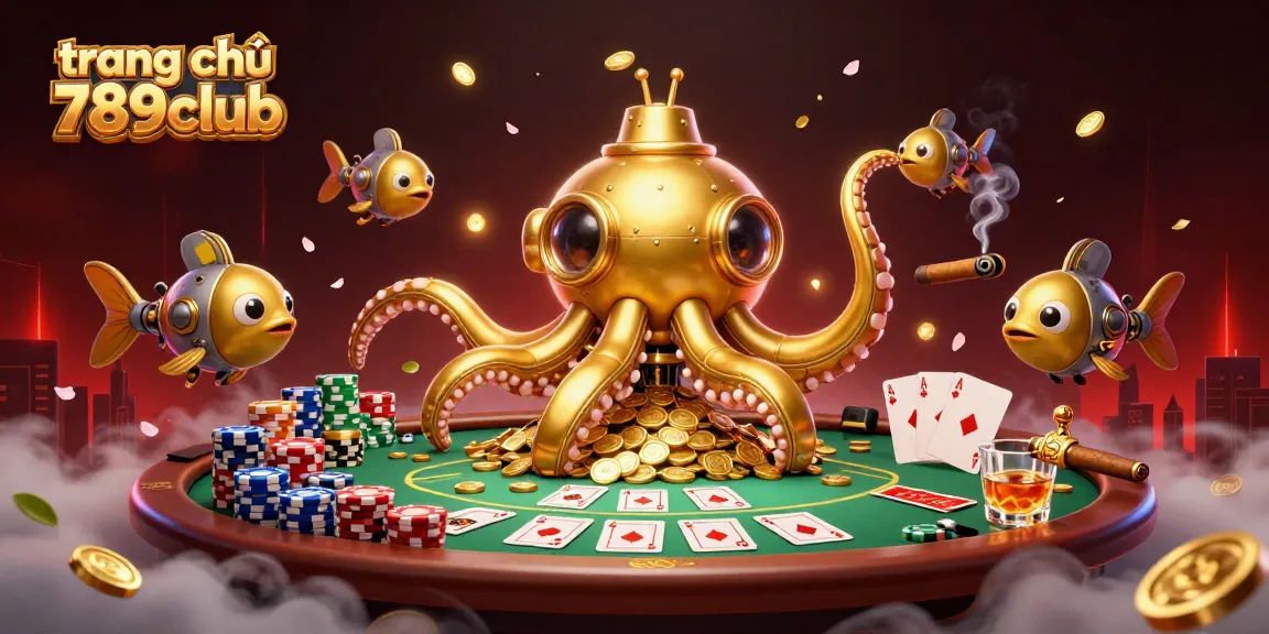 Experience the thrill at trang chủ 789club with a golden kraken submarine and poker elements.