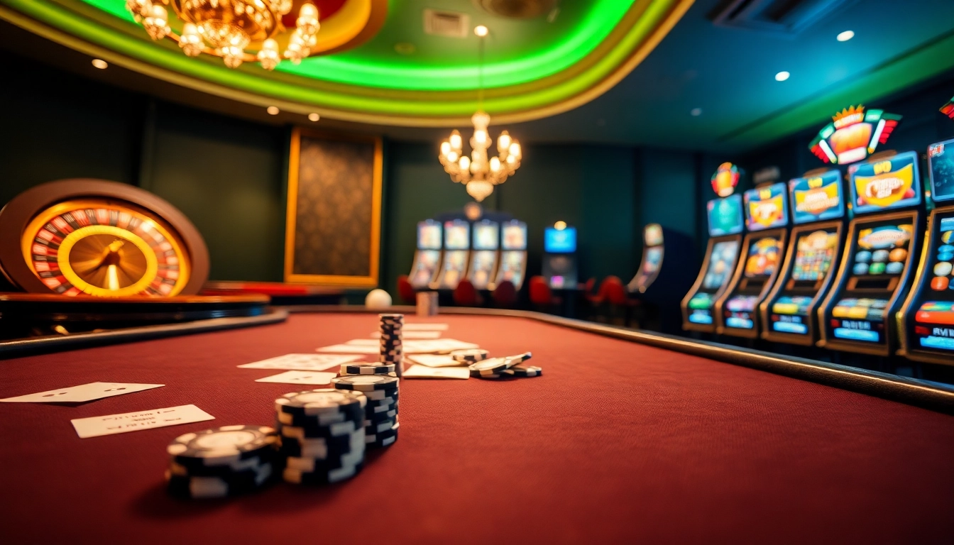 Engage in thrilling gaming experiences at l567-br.com with poker chips and roulette in a luxurious casino setting.