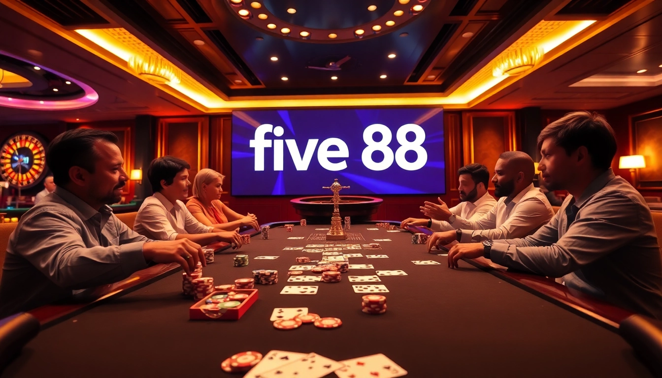 Experience the excitement of five 88 at a luxurious casino poker table with vibrant chips and cards.