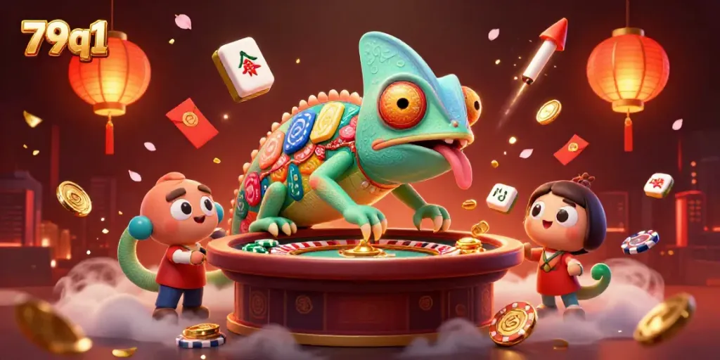 Experience the vibrant 79q1 casino scene with a colorful chameleon owner and dynamic game elements promoting excitement.