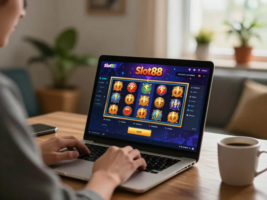 Engaging user playing with slot88 apk on laptop at home, showcasing thrilling online gaming atmosphere.