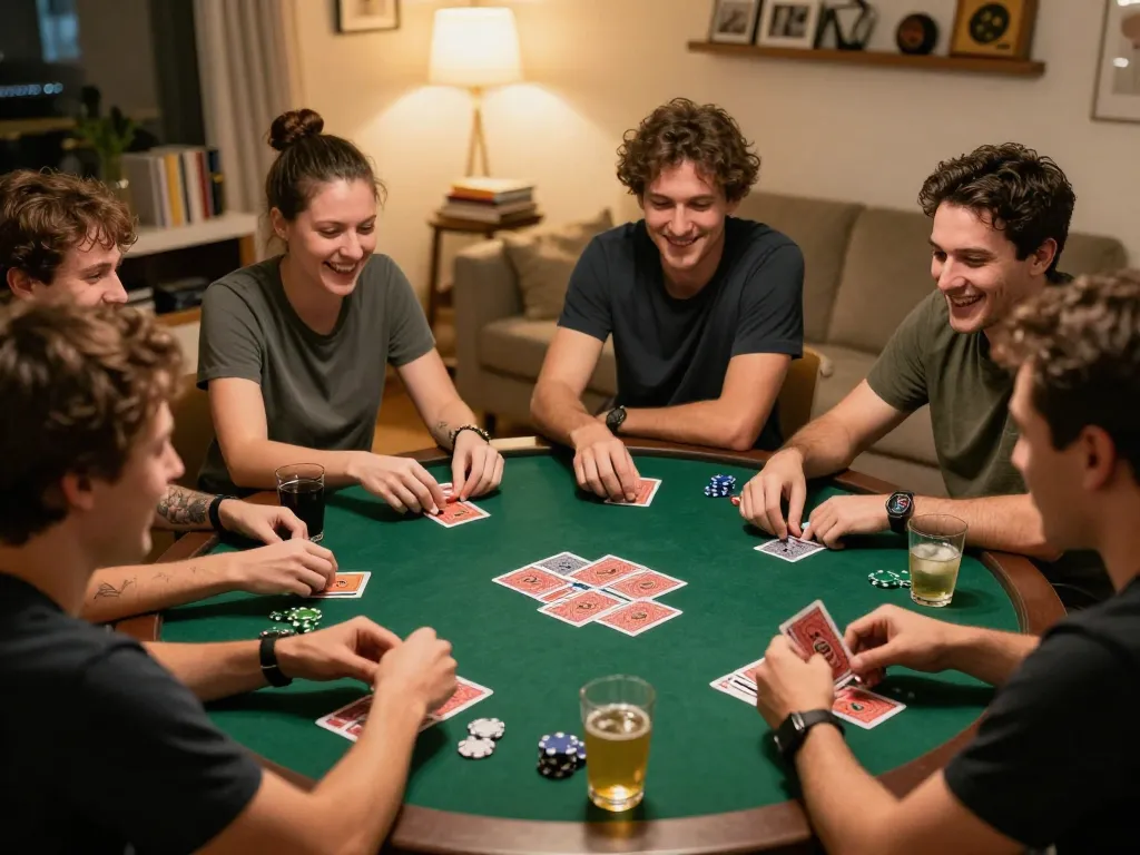 Friends enjoying a poker night at home, showcasing competitive gameplay around the table with 45678 theme