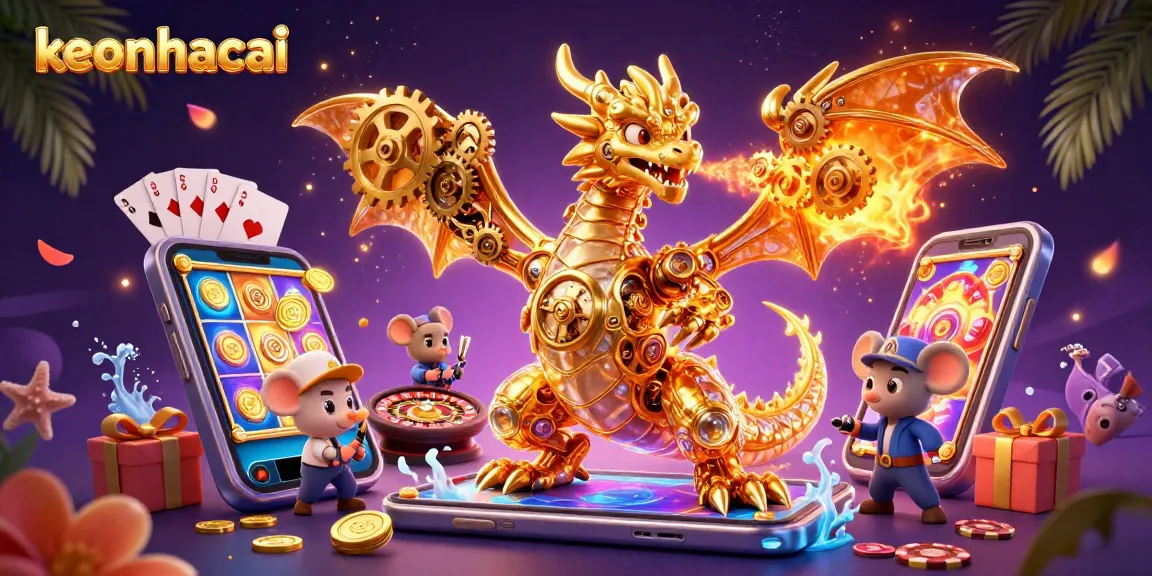 keonhacai showcases an enchanting dragon amid vibrant casino elements with digital slot games.