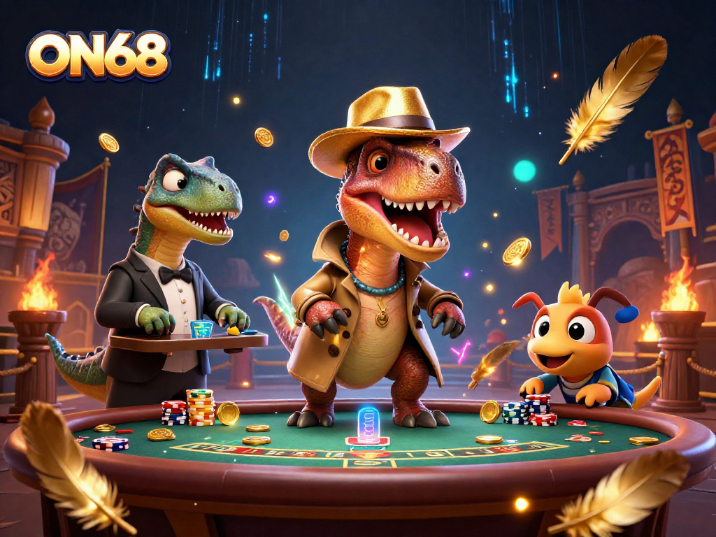 Experience thrilling action at ON68 with a velociraptor card counter and a sneaky compy in this dynamic casino scene.