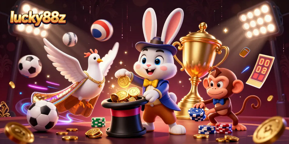 Experience thrilling gameplay with lucky88z as a magician rabbit draws golden coins amidst vibrant sports betting elements.