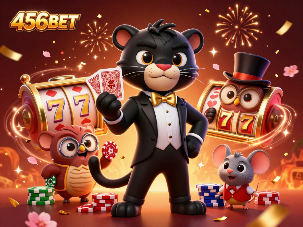 Enjoy slots at 456BET with stylish characters celebrating wins amidst vibrant casino elements.