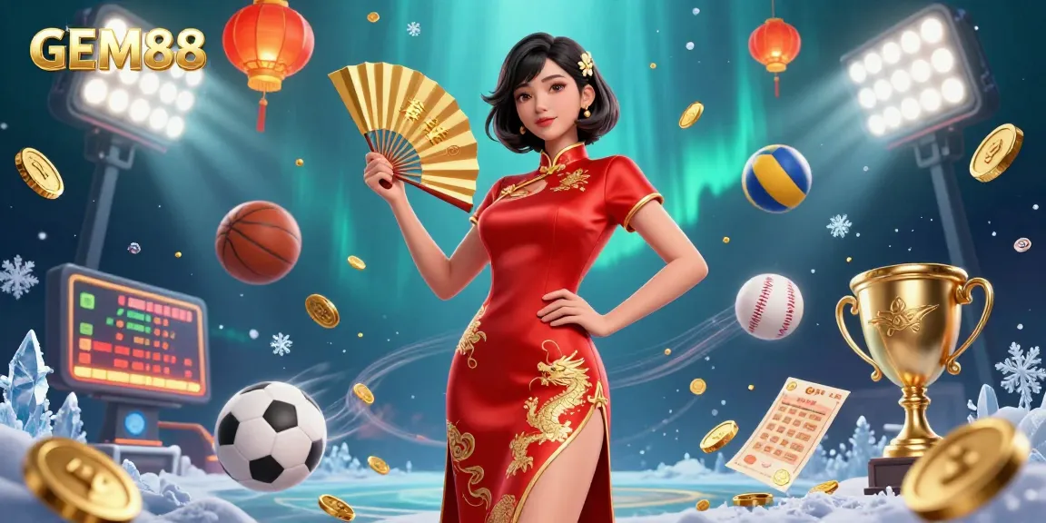Engage with GEM88 through this vibrant promotional illustration showcasing a beautiful Asian woman in a red qipao, surrounded by dynamic gambling elements.