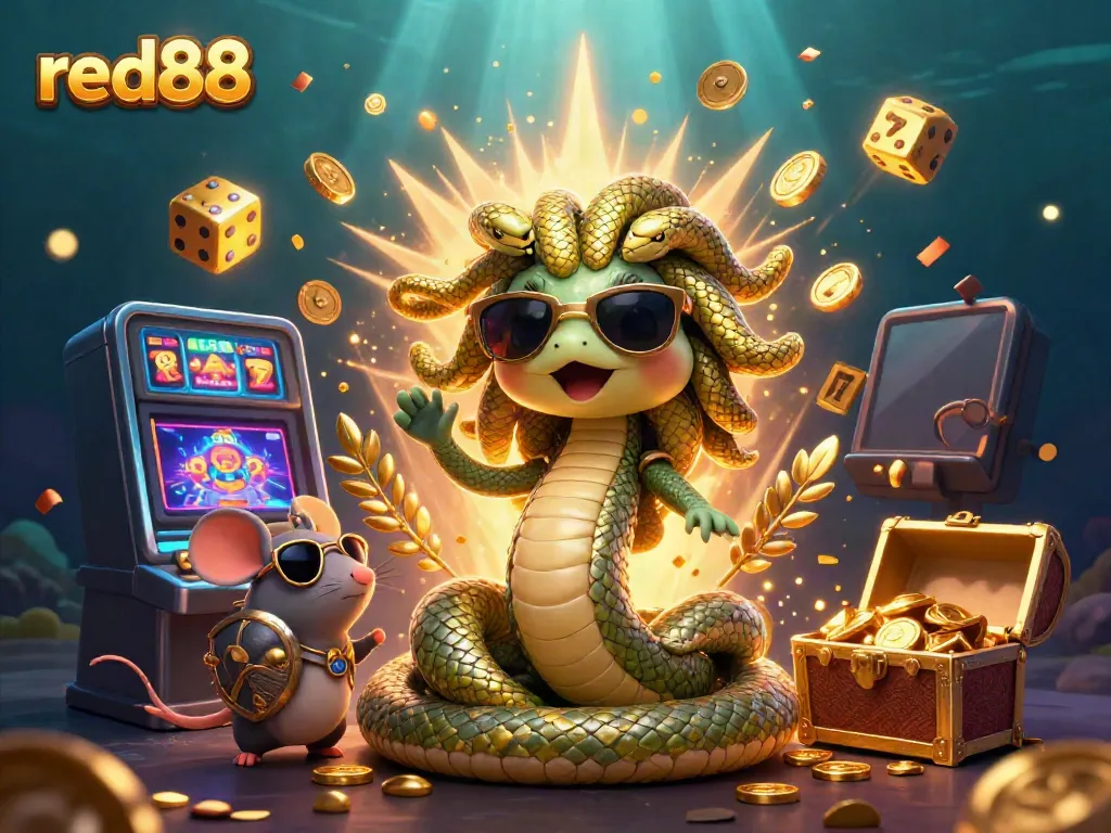 Enjoy thrilling casino action at red88 with Medusa and lucky symbols bursting from a slot machine.