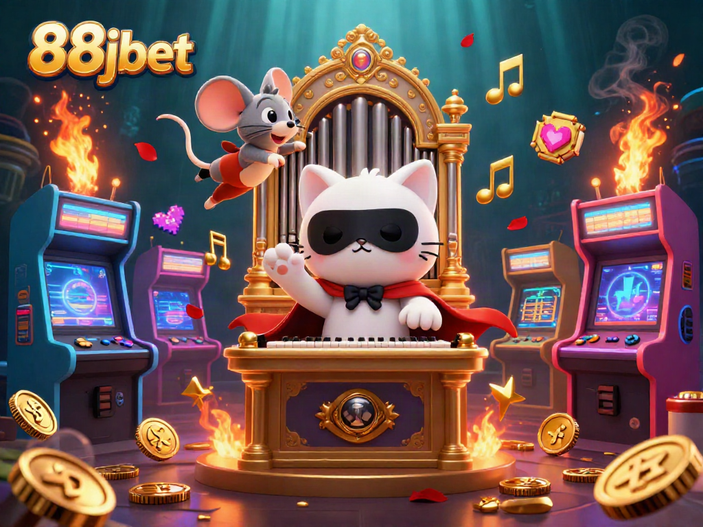 Join the excitement of 88jbet with a vibrant casino-themed 3D illustration depicting games and acrobatic characters.