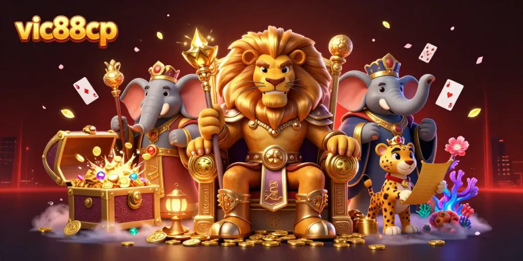 Experience excitement with vic88cp's lion king and friends in a dynamic casino scene