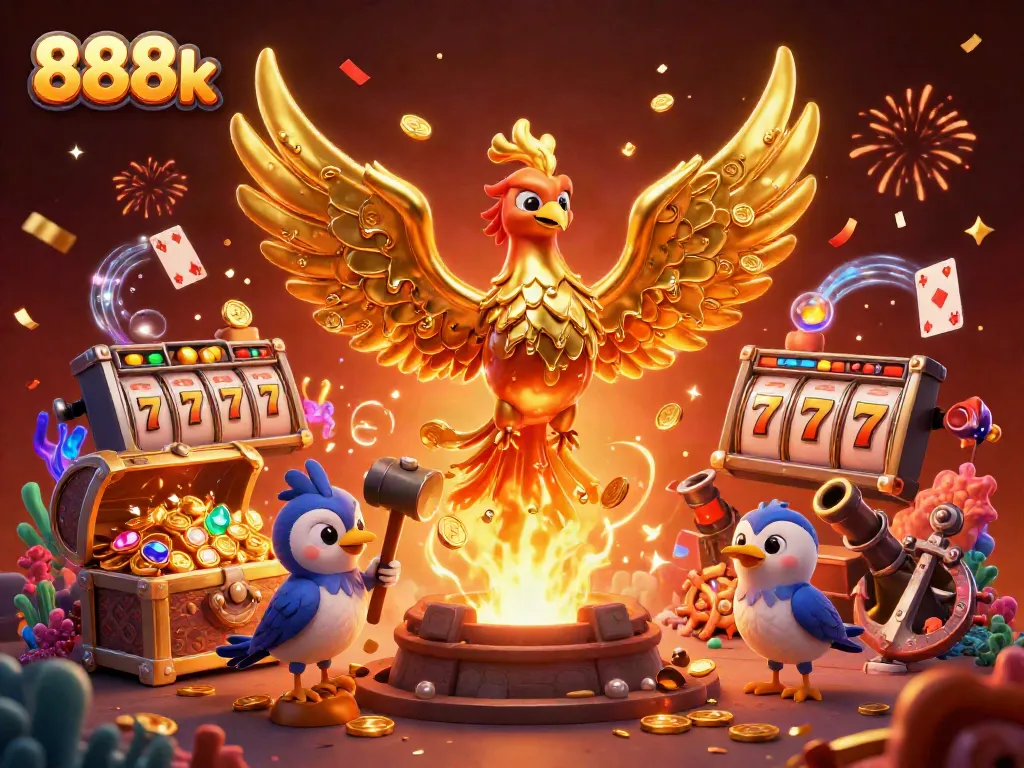 Celebrate wins at 888k with vibrant 3D golden phoenix, dynamic casino elements, and immersive gaming features.