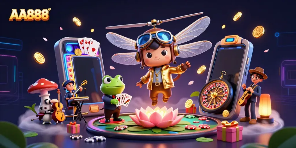 Experience thrilling gaming action with AA888, featuring a lively frog dealer and animated characters.