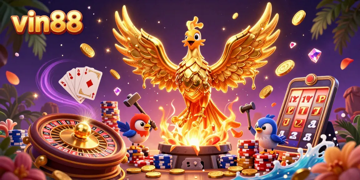 Experience the excitement of vin88 with dynamic gold coins and a golden phoenix in a breathtaking 3D illustration.