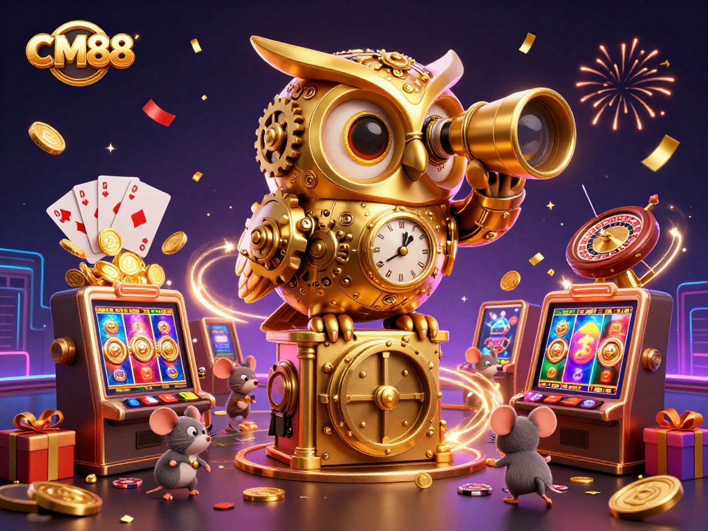 Engage with CM88's dynamic gambling adventure in a vibrant 3D illustration of slot games and characters.