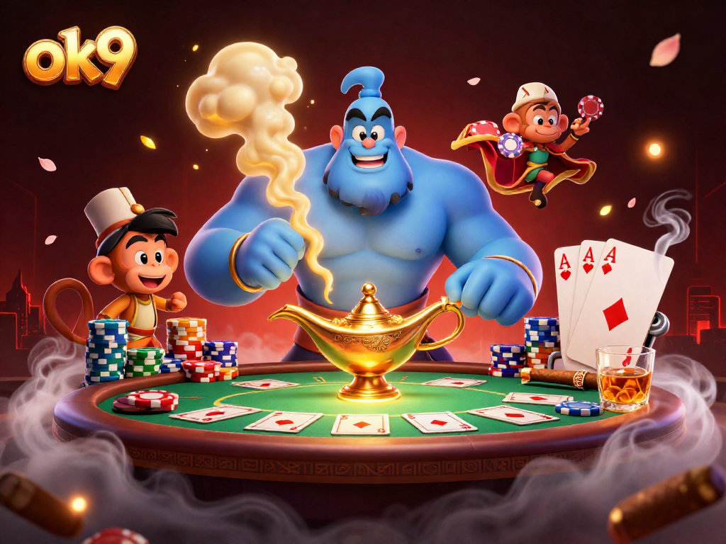 Bet on excitement with ok9: vibrant casino scene featuring a genie, poker elements, and dynamic gameplay.