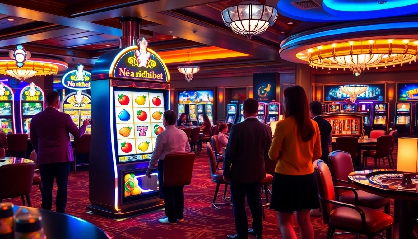 Nổ hũ rikbet slot machine in a luxurious casino setting, filled with eager players and excitement.