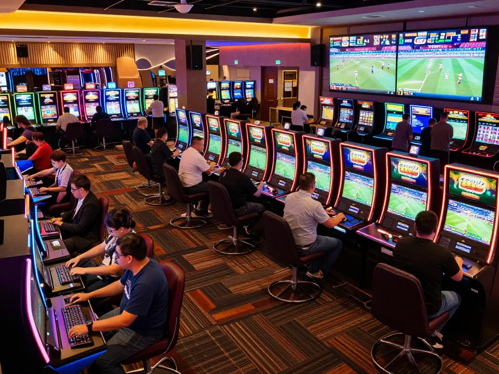 Engaging scene of sports betting on thể thao 33win with excited patrons placing bets in a lively casino