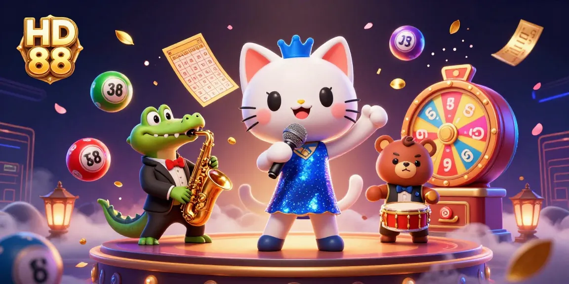 Experience HD 88 and win big with a vibrant casino scene featuring playful characters and dynamic lottery elements.