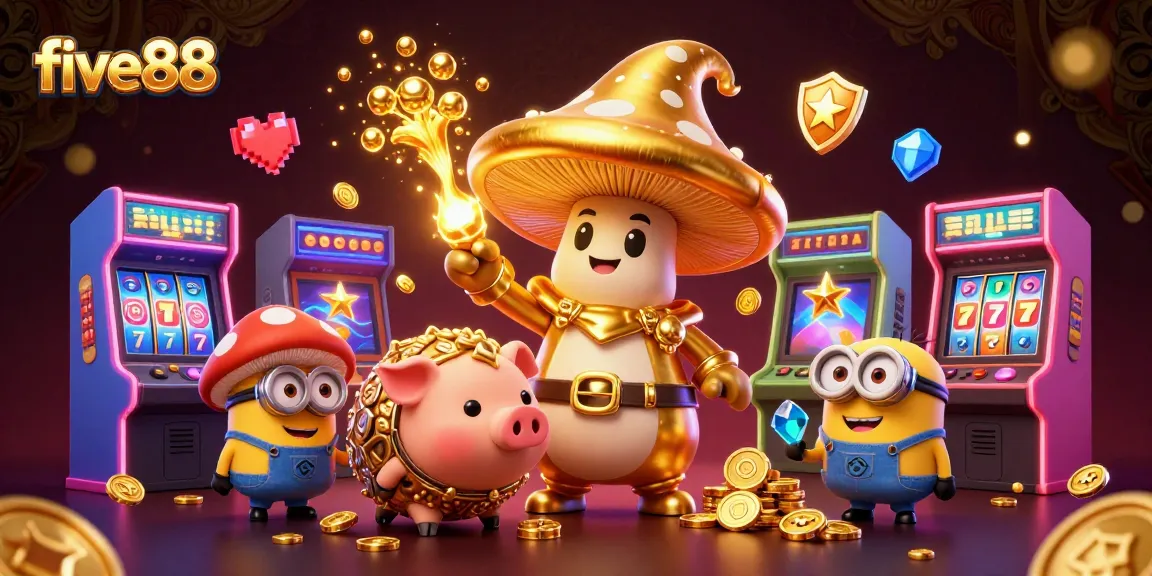 Experience thrilling moments at five88 with a golden mushroom wizard and treasure-seeking pig in a vibrant casino scene.