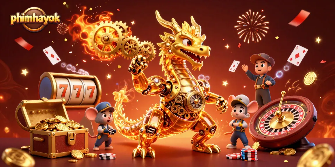 Experience the thrilling excitement of phimhayok with a vibrant 3D casino scene featuring a golden dragon and interactive slots.