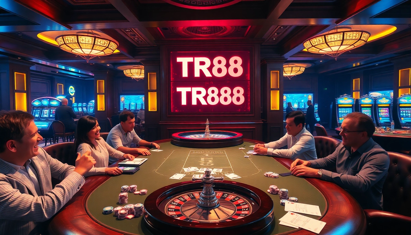 Players engaging at a glamorous casino table showcasing TR88 excitement and thrilling gambling action.