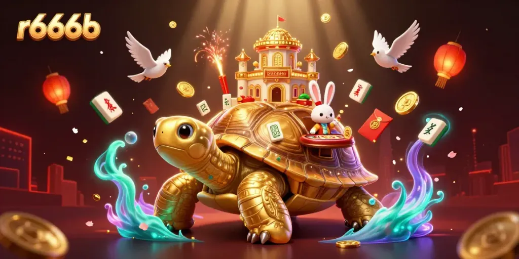 Win big at r666b with a vibrant 3D casino scene featuring characters and festive elements.